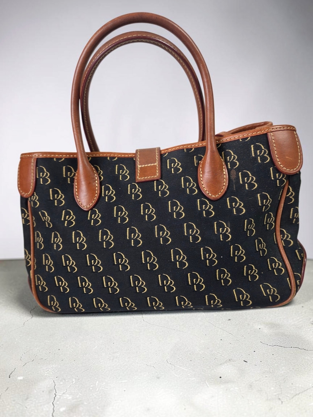 Dooney & Bourke Black Monogram Satchel with Brown Leather Trim - Picture 2 of 16